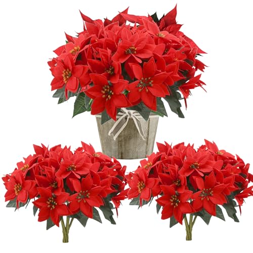 Juwacoo 6 Pcs Artificial Poinsettia Flowers Bouquets 7 Heads Velvet fabric Christmas Red Poinsettia Bushes Red Faux Bouquets for Outdoor Indoor Decorations 35cm/13.8In