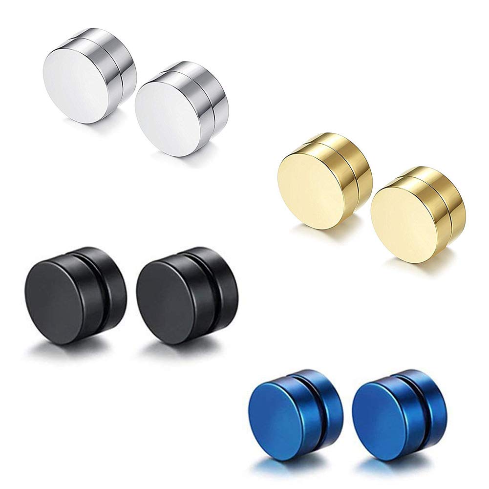 Lareina.C 4 Pares Acero Inoxidable Pendientes Magnéticos Iman Hombres Mujer Unisex Falso Túnel Aretes Aros Tous Redondos Clip de Oreja Sin Agujero Piercing 8mm, Colores Negro, Plateado, Dorado, Azul