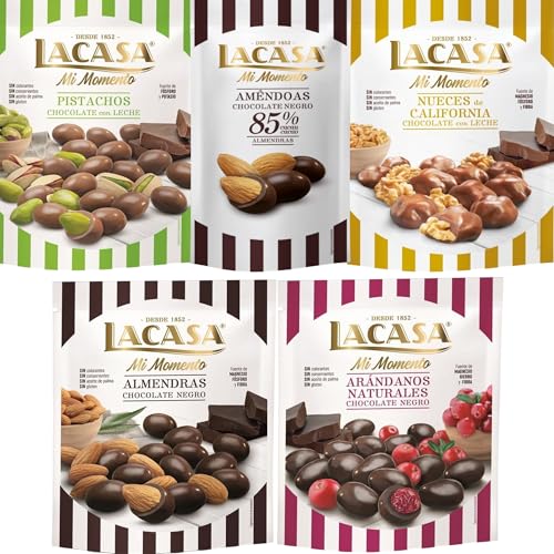 Lacasa Mi Momento pack de 5:Almendra 85% 65G,Arándano choco Negro 125G,Nueces Leche 115G,Almendra choco Negro 125G,Pistacho Leche 100G