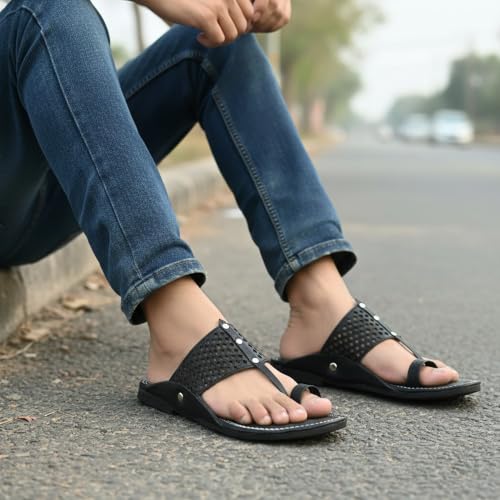 Image of Ethnic Black Sandals For Boys & Men, Comfortable Men's Rajasthani Slippers,
