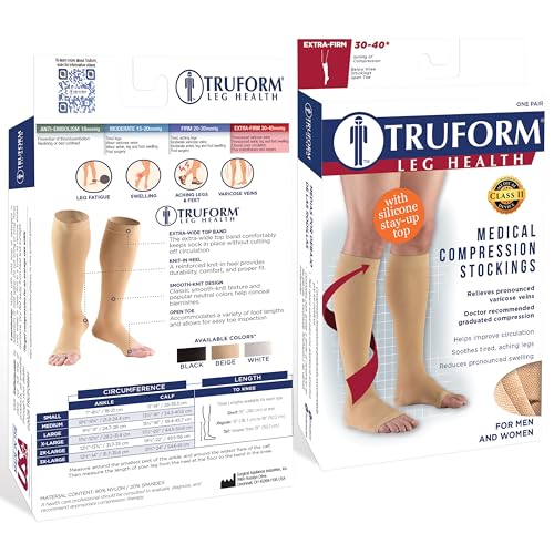 Image of Truform 30-40 mmHg Compression Stockings for Men and Women, Knee High Length, Dot-Top, Open Toe