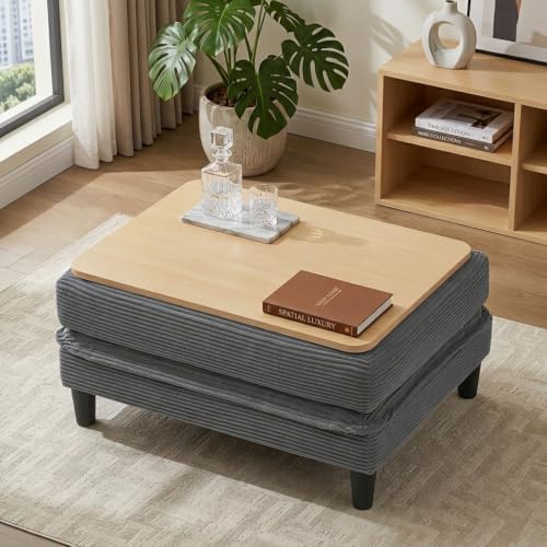 Image of Corduroy Storage Ottoman Coffee Table for Modular Sectional Couch, Corduroy Footrest Extension with Hidden Storage, Modern Soft Cushioned Stool for Living Room, Gray