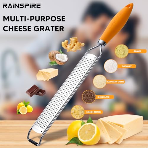 Image of Rainspire Zester Grater with Handle, Lemon Zester Cheese Grater for Kitchen Stainless Steel, Parmesan Cheese Garlic Nutmeg Chocolate Fruits Vegetables Ginger Grater, Fine (Orange)