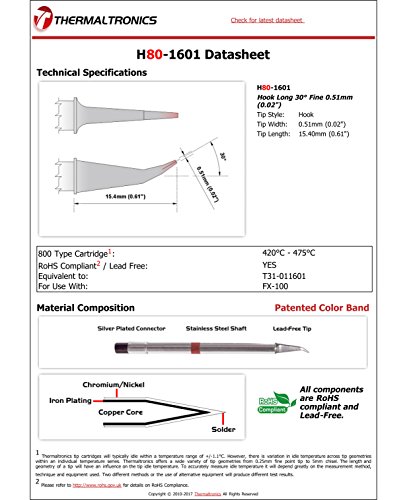Image of Thermaltronics H80-1601 Hook Long 30deg Fine 0.51mm (0.02in) interchangeable for Hakko T31-011601