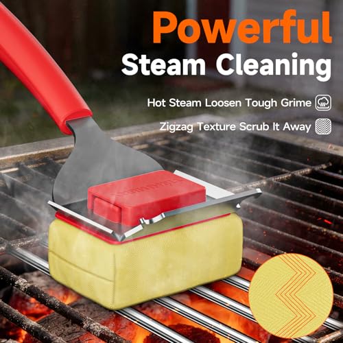 Image of Bristle-Free Grill Brush Head, Heat-Resistant Kevlar Fiber Head, Red Head | Steam Cleaning, Replaceable No-Wire Head, 17 inch Handle, 4-in-1 Scraper, for Porcelain /Ceramic /Stainless Steel /Cast Iron Grate