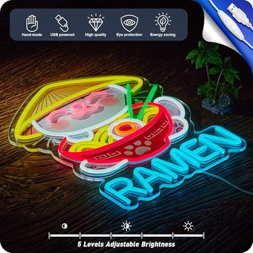 Image of Fortune Cat Ramen Neon Sign Dimmable Japanese Lucky Cat Noodle LED Lights for Wall Decor USB Powered Neon Signs for Ramen Shop Restaurant Bar Party Bedroom Birthday Gifts (16.5 * 12.6in)