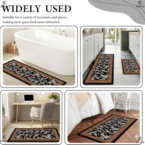 Image of KIMEE 2-Piece Kitchen Mat Set - Kitchen Floor Rugs, Non-Slip & Easy to Clean Water Absorbing Runner Comfort Mats for Kitchen, Laundry, Office (Black Border FlowerPattern, 120cm x 60cm + 60cm x 40cm)