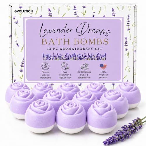 EvolutionUSA Lavender Dreams Bath Bombs for Women 12 Organic Flower Bath Bombs Soft Lavender Bath Bombs Womens Bath Bombs Gift Lush Bath Bombs for Girls Relaxing Bathbombs Bath Balls