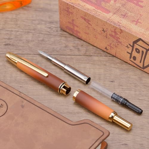 Image of Jinhao 10 Press Fountain Pen with Box, Caramel Orange Gradient Retractable Extra Fine Nib with Ink Converter Set (Golden Clip)