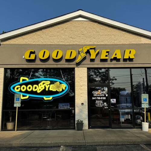 Image of WonderfulLife Goodyear Neon Sign for Tire Shop Auto Service or Garage Decor,Led Lights for Bar Man Cave Wall Decor,Bright Light of Automotive Supplies Store Display,5V USB Powered Easy Hanging.