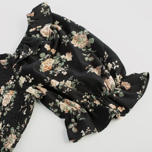 Image of Scarlet Darkness Floral Dress for Women Summer Puff Sleeve Square Neck A Line Flowy Wedding Guest Tea Party Dresses