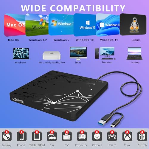 Image of External CD /DVD Drive for Laptop, Ultra-Thin USB Disk Drive, DVD Player for Laptop, USB 3.0 CD Burner USB-C CD-ROM Reader for Windows 11 /10 /8 /7 XP Linux MacOS with 1+4 Storage Bag