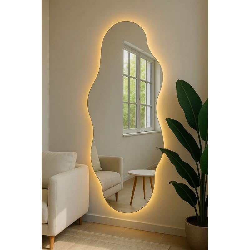 Espelho de corpo inteiro com LED orgânico, suporte, fonte de alimentação e bateria Espelho de corpo inteiro com suporte de chão (Branco frio fonte 110/220v,90x50)