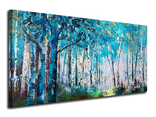 Ardemy Blue Tree Canvas Wall Art Forest Landscape Picture, Modern Birch Trees Nature Teal Abstract Painting Artwork, Large 48"X24" Framed For Home Office Living Room Bedroom Bathroom Wall Decor #TOP6