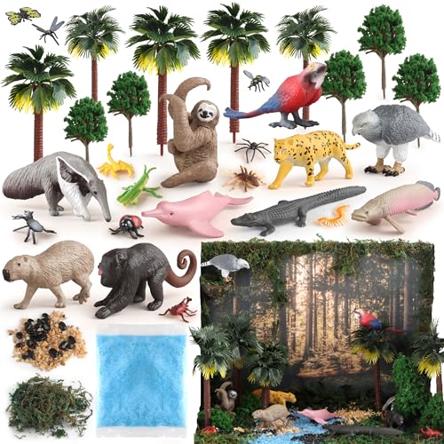 37PCS Rainforest Animals Figures Toys Set Rainforest Diorama Supplies Include Jungle Animal Figurines Trees Moss Sand Stones for Kids Historical Education School Project Decoration Birthday