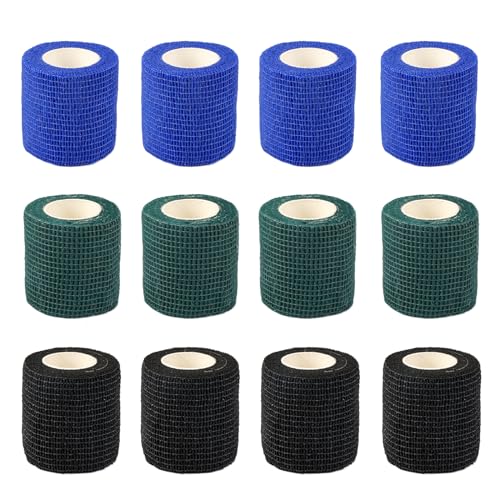 12 Rollen Einweg Tattoo Griff Abdeckung Wrap, Tattoo Grip Tape, Tattoo Stift Zubehör, Selbsthaftende Bandage für Maschine, Finger Verband Haftbandage Fixierbinde (Schwarz, Blau, Cyan, 4 5cm x 4.5m)