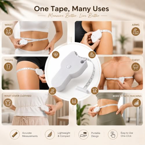 Image of Body Measuring Tape with Lock Pin and Retractable Push Button 150 CM(60 Inch) Measurement| Tape Measure for Body for Fat Measurement and Weight Loss Sewing Tape Tailor (White)
