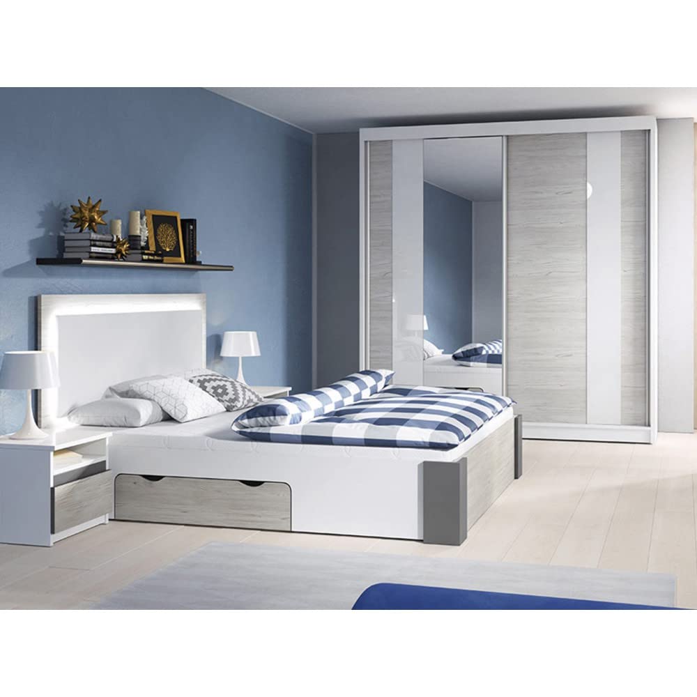 Fabryka Mebli Idźczak Schlafzimmer-Set Komplett - Helios II 180 Bettgestell - Kleiderschrank mit Spiegel, 2X Nachttisch - Innovativ, Stilvoll, Modern - Weiß/Kathult+Grau - Set ohne Matratze