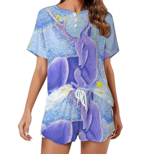 Pyjama femme manches courtes à motif cerf violet ensemble léger d'été