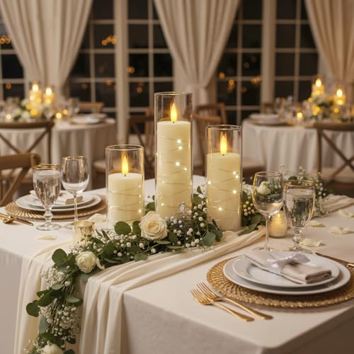 Image of Raycare Flameless Candle with Remote Timer, 3 Flickering Acrylic Battery Operated LED Pillar Candles with Embedded Star String for Christmas, Wedding, Home Table Decor, and as a Gift (Ivory White)