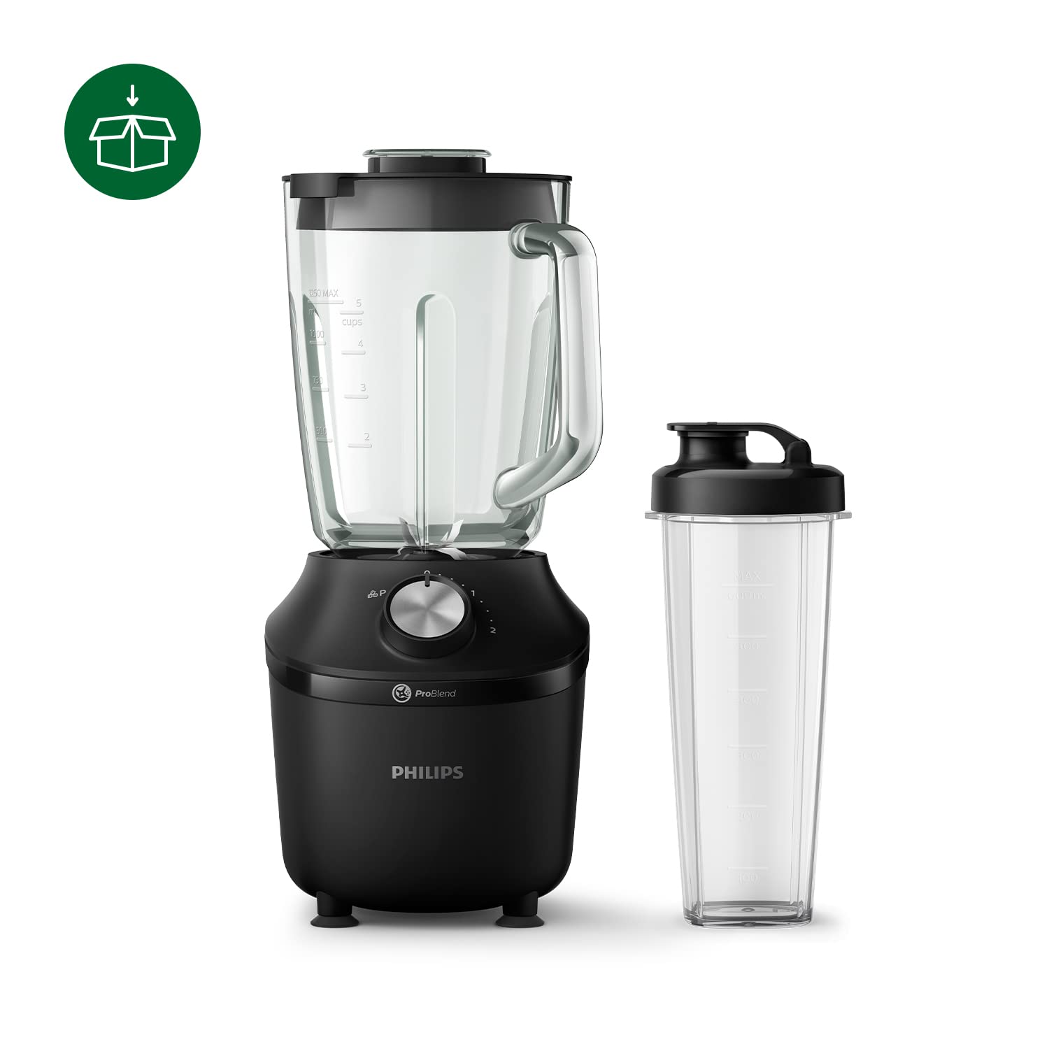 Philips Frullatore elettrico 3000, ProBlend, con borraccia, 600W, 2L, Nero