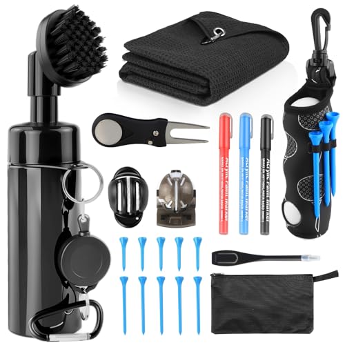 21 Pcs Golf Essentials Kit Golf Club Cleaning Kit - Golf Club Brush & Golf Towel Golf Ball Bag & Tees Holder & 2 Sizes Tees Divot Repair Tool & Ball Marker Must Haves Golf Accessories