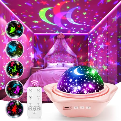 PIKOY Night Light for Kids, 90 Modes+6 Films+Dimmer+Timer+Remote Kids Night Light Projector, Rechargeable Built-in Battery+360° Silent Rotation Butterfly/Princess/Mermaid Room Decor,Girl Toys/Gifts