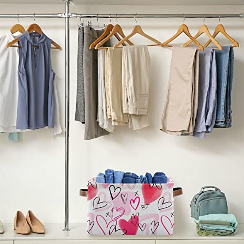 Image of Happy Valentine's Day Pink Love Storage Basket Fabric Laundry Baskets Red Heart Storage Boxes Organizer Bag for Baby Cloth Dog Toy Book Storage Cubes Shelf Closet Bins 16x12x8 Inches