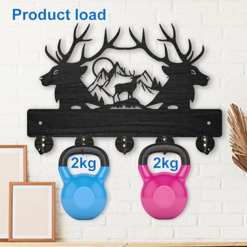 MAYJOYDIY Deer Mountain Forest Coat Hooks, Wall Mounted 30x20cm Black Wooden Deer Key Holder with 5 Alloy Hooks - Image 4