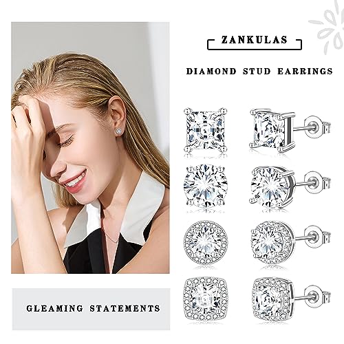 Cubic Zirconia Stud Earrings for Women Mens Earrings Hypoallergenic Sterling Silver Post Square CZ Studs Set4