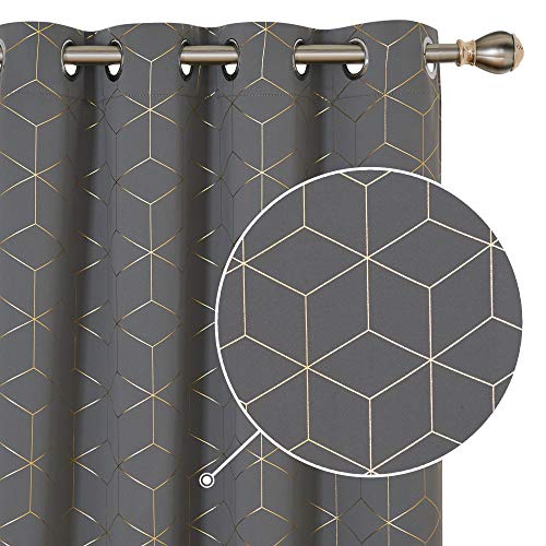 Deconovo Backout Curtains, Gold Diamond Printed Eyelet Curtains, Thermal Insulated Curtains for Bedroom, 46 x 54 Inch(Width x Length), Grey, One Pair