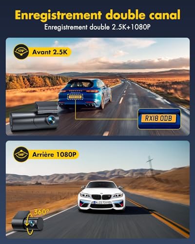 GKU 4K/2.5K Dashcam Voiture Avant Arrière,WiFi Caméra Embarquée Voiture avec Carte SD 64G,Camera Voiture Grand Angle 170°,Vision Nocturne,WDR,G-Capteur,Mode Stationnement 24H,Enregistrement en Boucle