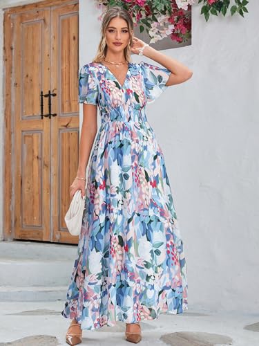 Image of Simplee Women's Boho Floral Maxi Dress Flowy Casual V Neck Short Sleeve Wedding Guest Holiday Beach Long Dress