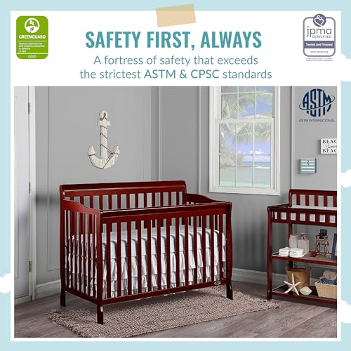 Dream On Me Ashton 4-in-1 Convertible Full-Size Baby Crib in Cherry, GreenGuard Gold & JPMA, Non-Toxic, Sustainable Pinewood, 4 Mattress Heights, Converts to Toddler, Day & Full-Size Bed