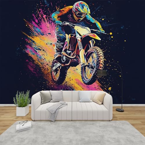 MMYAOKEN Papier Peint Panoramique Moto Cross 250x175 cm - Décoration Murale Garcon Ado Motocross - Tapisserie Murales Papier Peint Intissé pour Chambre Salon...