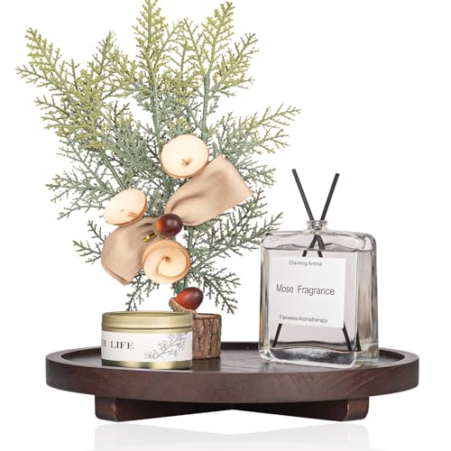 Round Decorative Tray Wood Bathroom Counter Organizer Farmhouse Kitchen Decor Wooden Riser for Soap Dish, Perfume, Candle, Sponge, 10" - Walnut by zoocatia - Used condition - US$14.58