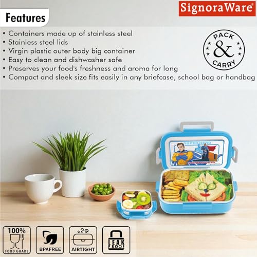 Image of SignoraWare Buster Stainless Steel Lunch Box | Airtight & Leakproof | Durable & Odorless | Ideal for Office, School & Travel Use | Easy to Clean & Carry (850ml + 130ml | Blue)