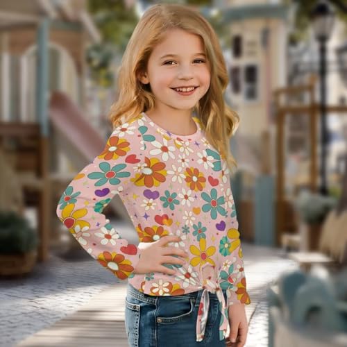 Girls T-Shirt with Tie Front,Loose Long Sleeve Kids Tunic Tops,Stretch Crew Neck Girls Shirt for School3