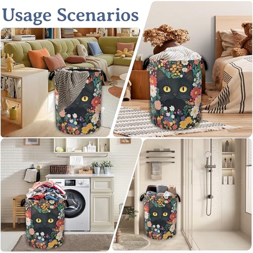 Image of Cute Funny Black Cat Laundry Basket,Oxford Cloth Flower Laundry Hamper With Handle Foldable Portable Clothes Storage Basket for Laundry Room /Bedroom /Bathroom 20.8 inchx16 inch