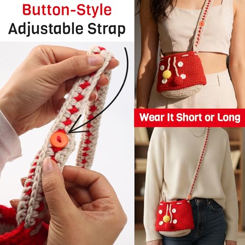 Image of Mushroom Crossbody Purse Tote Bag for Women - Gift Bag Cute Adjustable Strap for Crochet Cottagecore Knitted Drawstring Bag