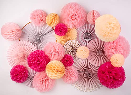 PapaKit Deluxe Origami Large Wall Decoration Set (Assorted Paper Fans & Pom-poms) Birthday Party Baby Shower Wedding Event Decor | Creative Art Design (Sparking Pink Rose Blush, Deluxe 26 Piece Set)