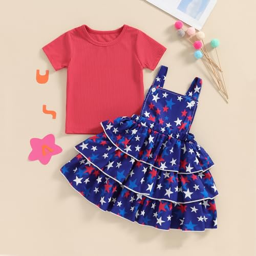 Image of Toddler Baby Girl Summer Clothes Kids Short Sleeve Solid T-Shirt Ruffle Daisy Skirts Overalls Dress Outfit 18M-6T