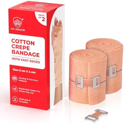 MY ARMOR Cotton Crepe Bandage for Wrist - 6cm X 4mt Tape for Injury and 2 Extra Clips - Pack of 2