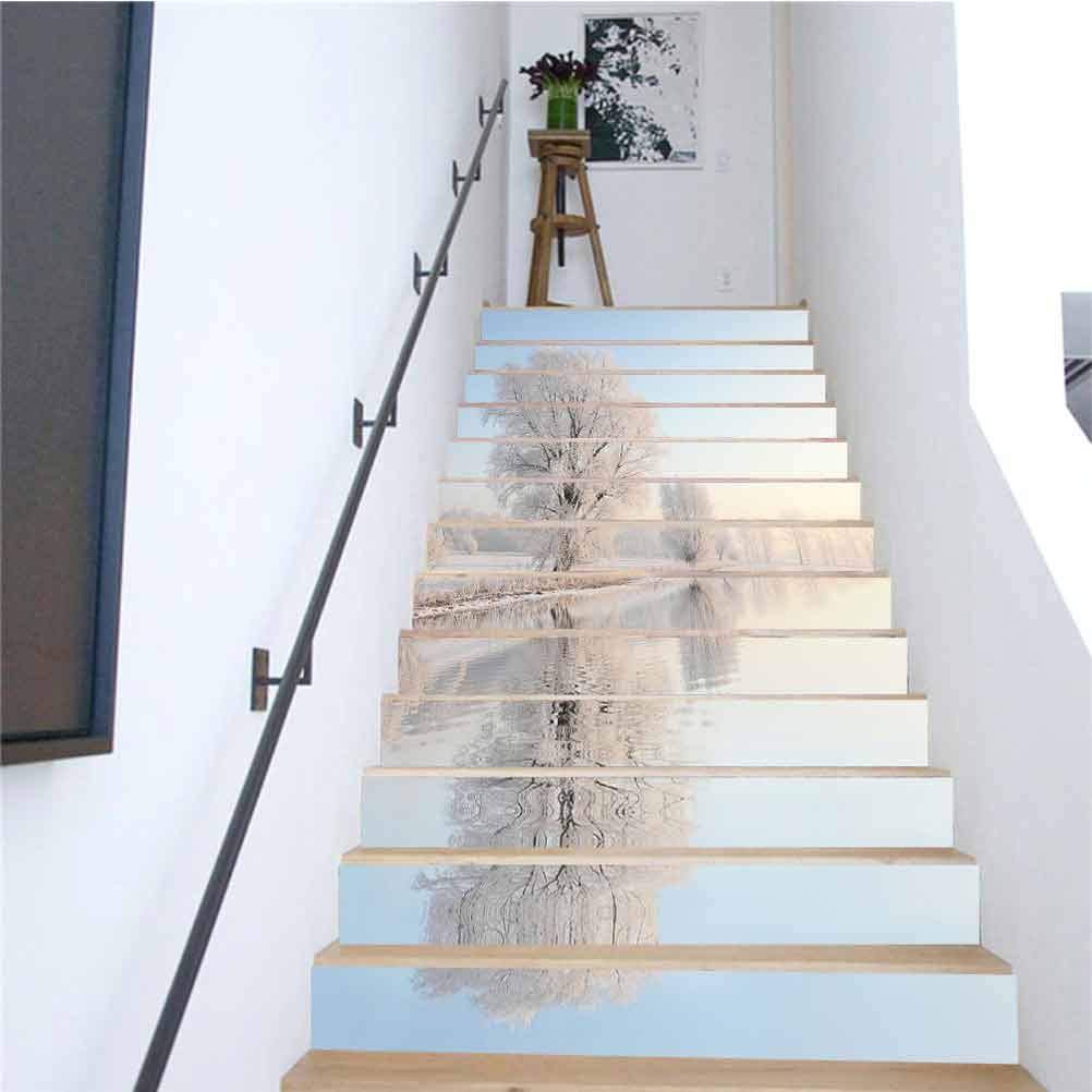 Creative Decorative 3D Self-Adhesive Stair Riser Decal - Stair Stickers Winter Landscape at Dawn Walls Decals Kitchen Bathroom Stair Stickers Home Decoration 39 3 x 7 08 Inch 13PCS/Set