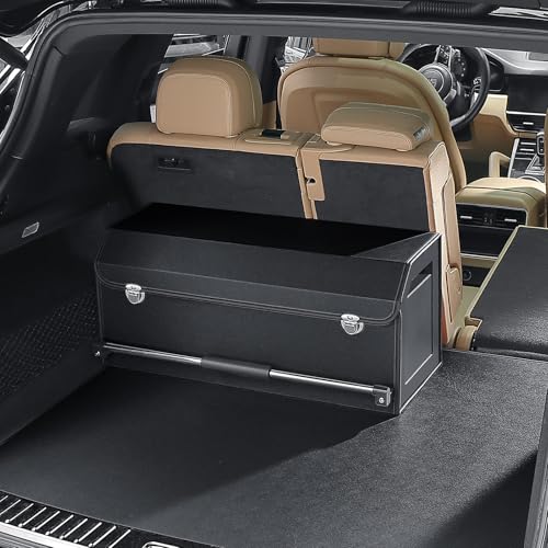 XCF Car Boot Organiser Collapsible Leather Boot Organiser with Lid and Push-pull Sturdy Handle for SUV, Truck, Sedan, Car Storage (Black)