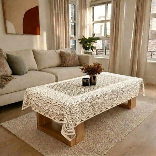 Image of Cotton Net Embroidered Center & Dining Table Cover for 4 Seater | Rectangular 40x60 Inch | Lightweight & Washable Table Cloth | Pack of 1 (Cream)