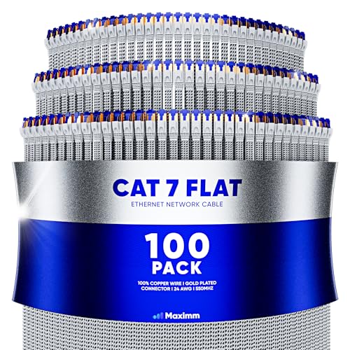 Maximm Cable CAT7 Flat Braided Ethernet Cable, 100 Pack (White, 15ft) 10 Gbps, 600 MHz, Shielded RJ45 Gold Connectors Ultra-Thin Flexible Design for Home & Office Networking