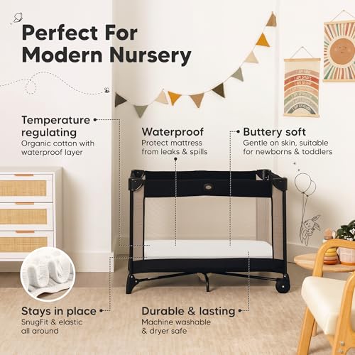 Image of 2 Pack and Play Sheets, Waterproof Mini Crib Sheets Fitted - 38x26 Organic Cotton Pack N Play Sheets for Graco Pack and Play Mattress, Playard Baby Crib Sheets,Neutral for Boy,Girl,Toddler(Soft White)