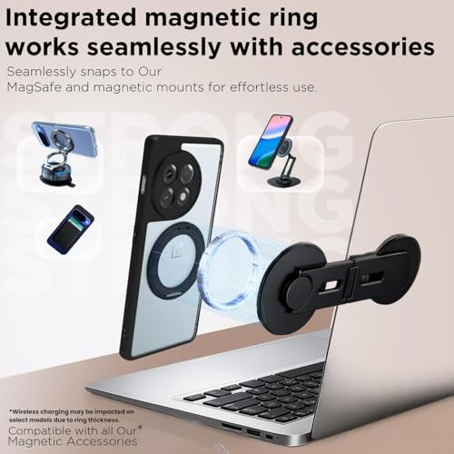 Image of RIGGEAR Shockproof Sleek Hybrid Armor 360 Rotating Magnetic Ring Stand Back Cover Case Compatible with MagSafe Accessories for OnePlus 11R (Clear PC + Black TPU Bumper)