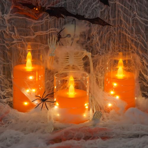 Image of Flameless Flickering 3 inch x4 inch 5 inch 6 inch Clear Plastic Orange 11-Key Remote Candles with Light Strings, LED Battery Operated Cycle Timer Pack of 3 Candles for Halloween Festival Decor